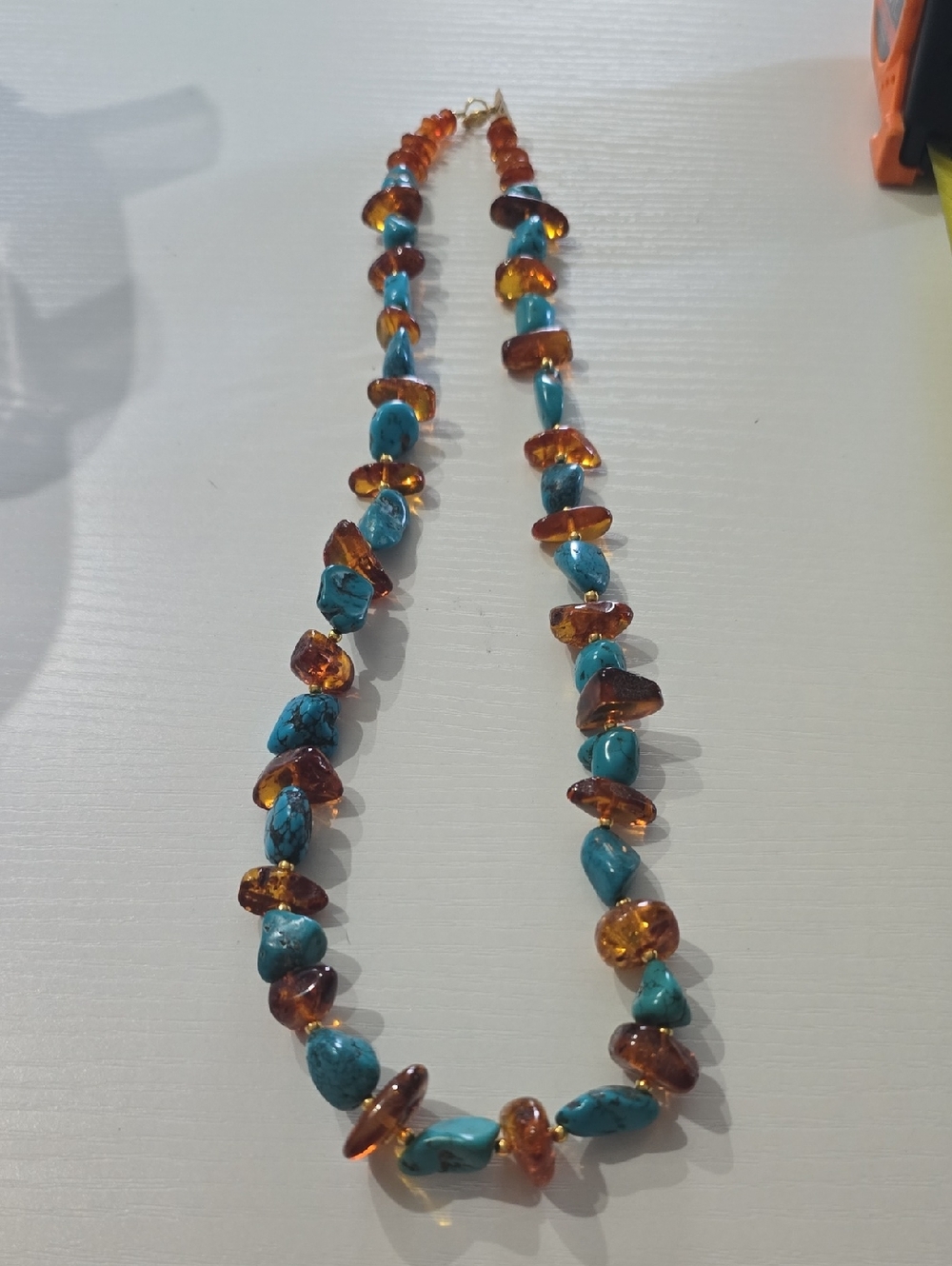 Turquoise Amber Necklace- Navajo Turquoise, Polished Amber, 26 Inches, Vintage